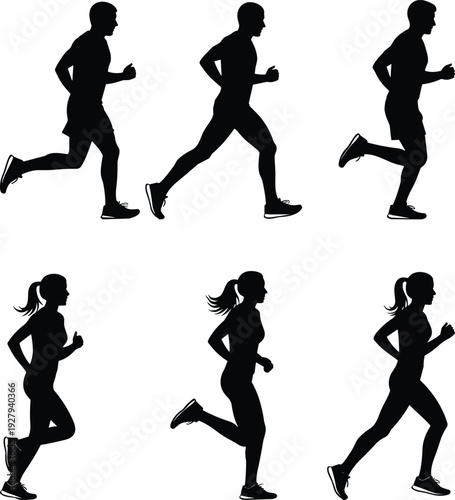 Running Man and Woman Silhouette Set Vector Illustration Collection Isolated on White Background Fitness Jogging Action Poses