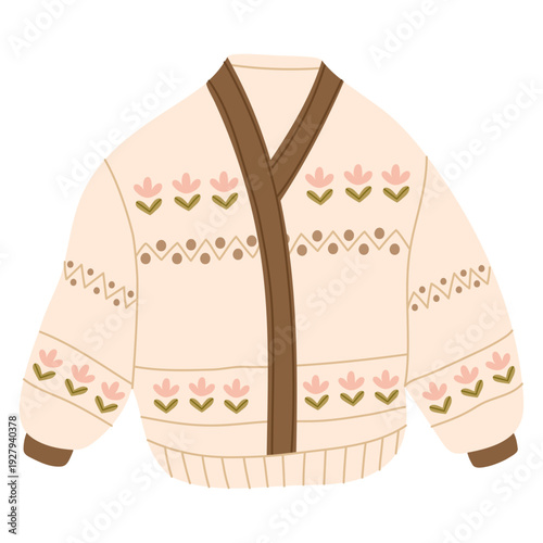 Warm autumn cardigan with decorative knitted pattern. Cozy clothing illustration for autumn outfits. Hand drawn vector illustration.