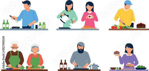 People cooking in kitchen vector set with chefs preparing food, vegetables, cake and home baking scenes