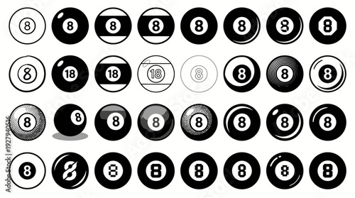 8-Ball Icon Vector Set – Diverse Billiards Symbols Featuring Classic Pool Ball Designs for Game Graphics, Sports Posters, and Recreational Design Projects