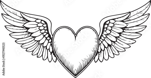 Heart with angel wings Hand-drawn Sketch Drawing Vector Illustration, Line Linear Symbol Black and White Engraving, Isolated