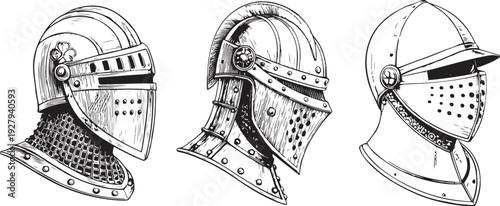 Clipart of helmets of foot and mounted knights with visors Hand-drawn Sketch Drawing Vector Illustration, Line Linear Symbol Black and White Engraving, Isolated