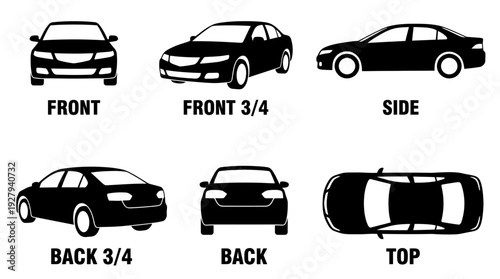 Car View Silhouette Vector Set – Front, Side, Back, Top, and 3/4 Angles for Automotive Graphics, Vehicle Posters, and Transportation Design Projects