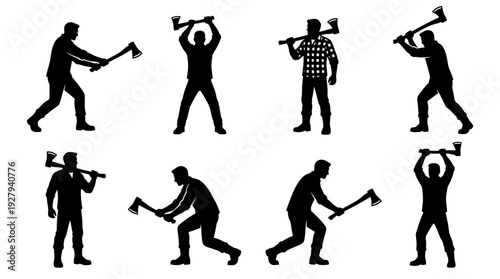 Lumberjack Silhouette Vector Set – Dynamic Axe Poses Depicting Woodcutting Action for Outdoor Adventure Graphics, Forestry Posters, and Rugged Lifestyle Design Projects