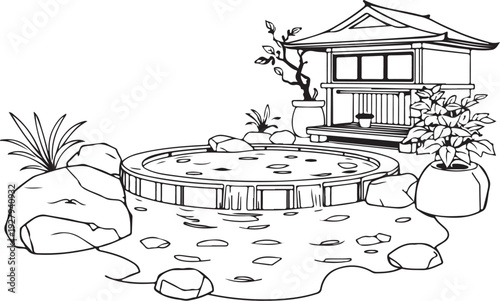 Japanese Onsen Mineral Baths Hand-drawn Sketch Drawing Vector Illustration, Line Linear Symbol Black and White Engraving, Isolated