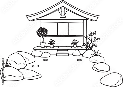  Japanese Onsen Hand-drawn Sketch Drawing Vector Illustration, Line Linear Symbol Black and White Engraving, Isolated