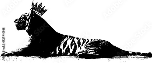Regal tiger with crown in high contrast black and white ink art illustration