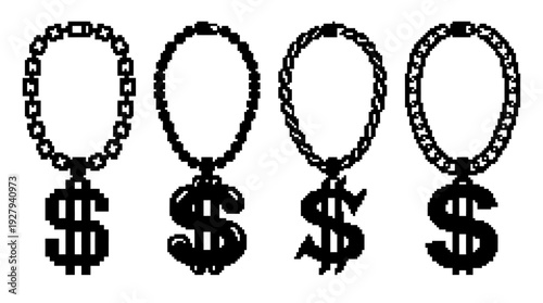 Dollar Sign Chain Vector Set – Hip-Hop Style Jewelry Icons Featuring Bold $ Pendants for Urban Fashion Graphics, Rap Posters, and Streetwear Design Projects