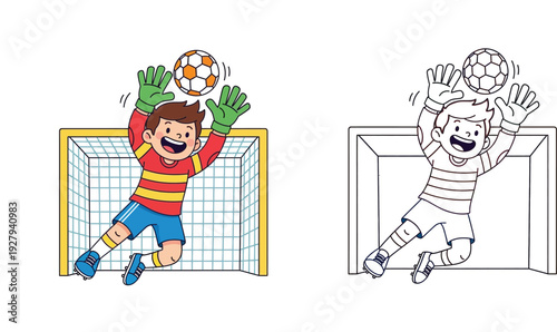 Cute boy playing soccer as goalkeeper catching the ball, colorful illustration and black and white outline for coloring book