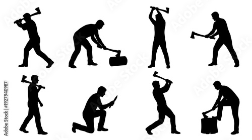 Lumberjack Silhouette Vector Set – Dynamic Axe Poses Depicting Woodcutting Action for Outdoor Adventure Graphics, Forestry Posters, and Rugged Lifestyle Design Projects
