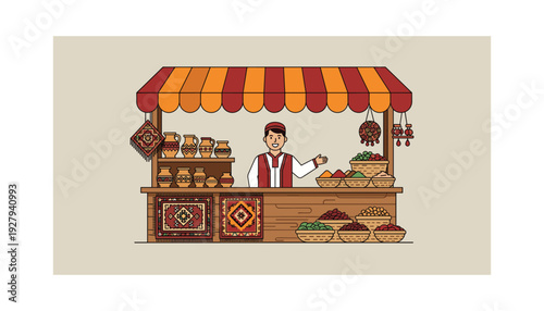 Vibrant street vendor selling exotic spices and goods