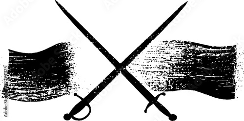 Vintage sword and banner emblem in high contrast black and white design