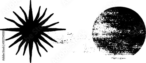 Celestial sun and star high-contrast black and white ink art for design