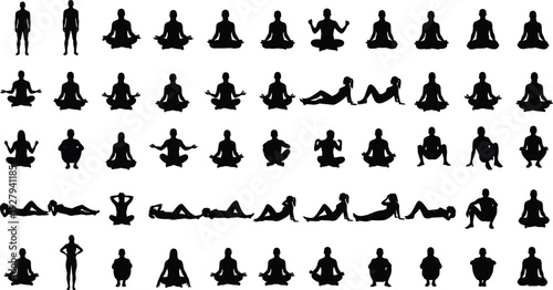 Massive collection of diverse people silhouettes in various yoga poses meditation sitting and relaxing positions for wellness health mindfulness spiritual practice and lifestyle concept