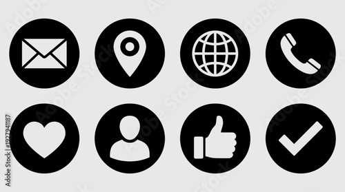 Contact and Social Media Icon Vector Set – Interface Symbols Featuring Email, Location, Web, Phone, Heart, User, Like, and Checkmark for UI Design Projects