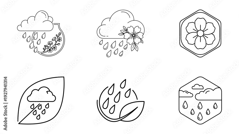 Fototapeta premium Illustration of Rainy weather icons set with clouds and raindrops