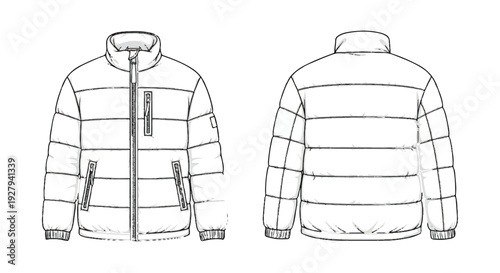 Technical Fashion Flat Line Art Drawing of Puffer Jacket, Front and Back Views isolated PNG with Transparent Background