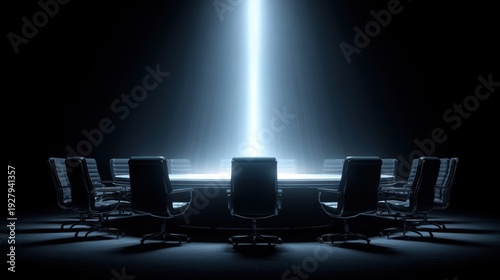 Illuminated Conference Room with Black Chairs and Bright Light Beam Center Stage