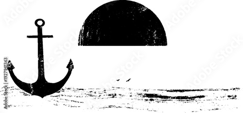 Nautical ink illustration with sun and anchor for vintage nautical design