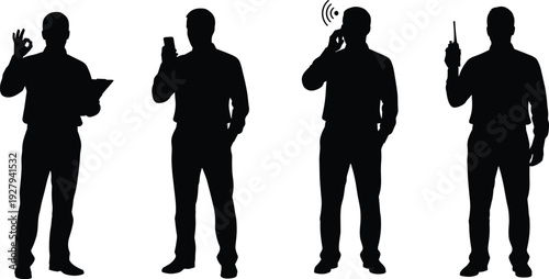 Set of Black Vector Silhouettes of Professional Men Using Smartphones Tablets and Walkie Talkies Isolated on White Background for Business Communication and Security Concepts