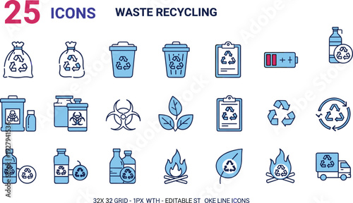 Waste recycling icon set, eco recycle line icons, sustainability environment symbols, editable stroke collection, flat vector illustration minimal