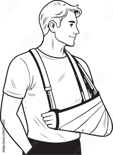 Man with fractured injured arm in sling Hand-drawn Sketch Drawing Vector Illustration, Line Linear Symbol Black and White Engraving, Isolated