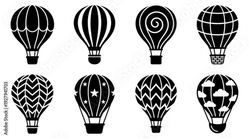 Hot Air Balloon Silhouette Vector Set – Decorative Flight Icons Featuring Unique Patterns and Shapes for Travel Graphics, Adventure Posters, and Sky-Themed Design Projects