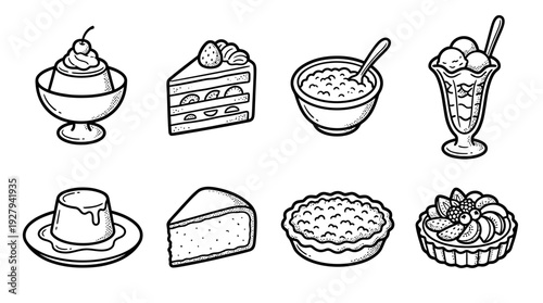 Dessert Icon Vector Set – Hand-Drawn Illustrations of Cakes, Puddings, Tarts, and Bowls for Bakery Branding, Menu Graphics, and Culinary Design Projects