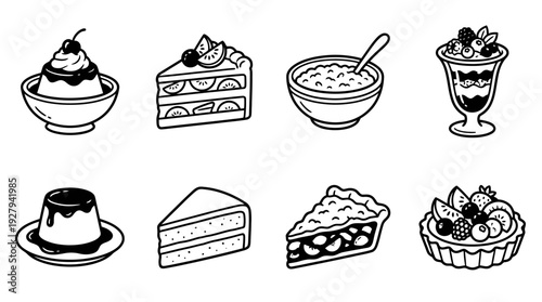 Dessert Icon Vector Set – Hand-Drawn Illustrations of Cakes, Puddings, Tarts, and Bowls for Bakery Branding, Menu Graphics, and Culinary Design Projects