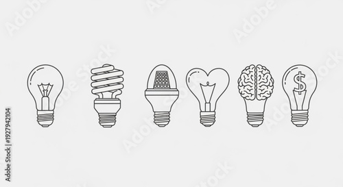 Diverse light bulbs with creative ideas and concepts on a plain background