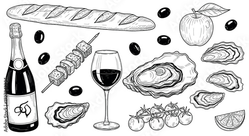Hand Drawn Wine and Seafood Gourmet Set Black White Vector Illustration