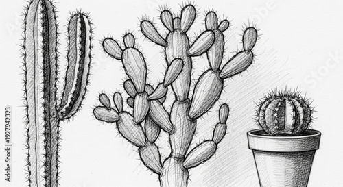 Detailed black and white illustration of various cacti including tall columnar cactus prickly pear cactus and small potted cactus