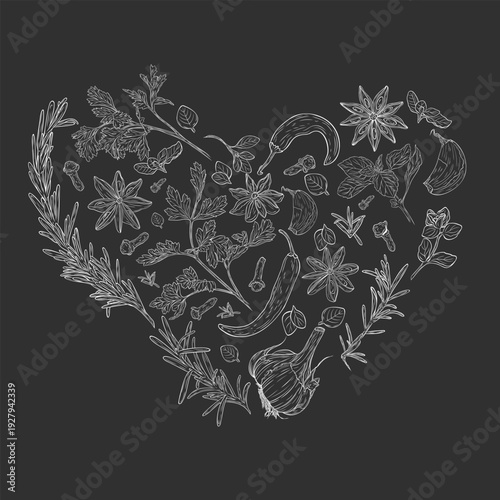 Poster heart composition with hand drawn spices and herbs. Monochrome botanical drawing. Set, clip art. Graphic ink vector. Good for menu design, cooking, spa, menu, decor, stickers, eco food