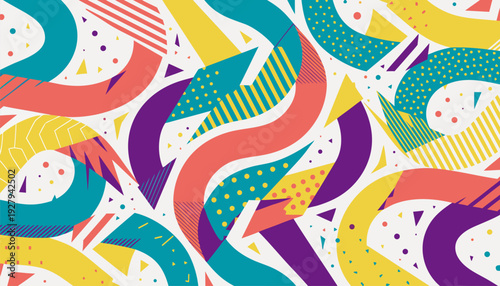 A vibrant and colorful abstract vector graphic design featuring swirling shapes and patterns