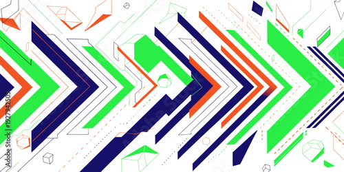 A vibrant and modern geometric pattern featuring arrows and shapes in blue, green, and orange hues on a white background.