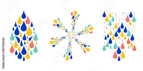 A colorful vector graphic illustration of raindrop designs in various shapes and patterns