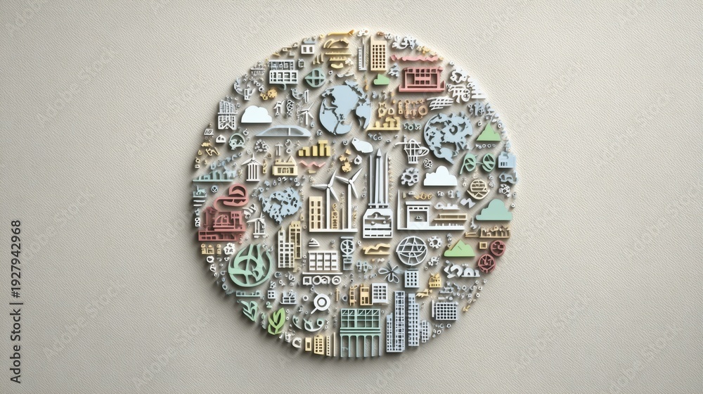 Fototapeta premium Colorful Abstract Geometric Composition Featuring Various Elements of Urban Life and Nature in Circular Arrangement