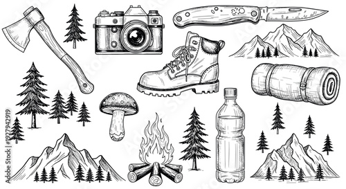 Hand Drawn Camping and Hiking Adventure Elements Vector Illustration Set