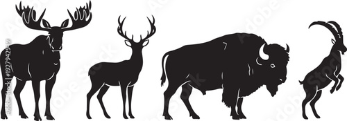 Set of four horned wildlife silhouettes including moose, deer, buffalo and goat, isolated on white background