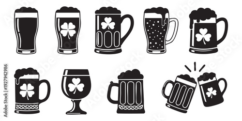 St Patrick's Day beer icon collection. Includes various beer glasses, mugs, and steins with shamrocks and foam. Created in black and white silhouette style with a monochrome palette.