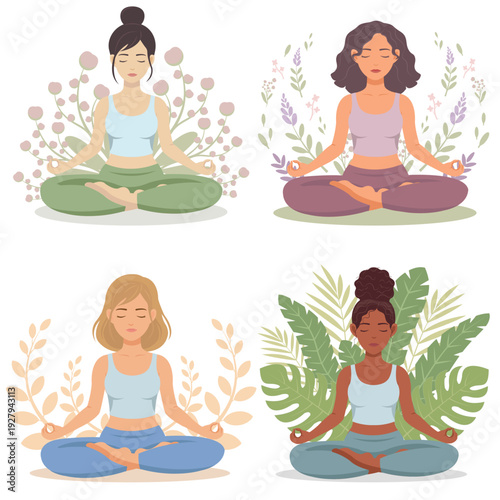Women meditating in lotus pose set with botanical backgrounds
