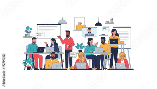 Diverse team collaborating in modern office space with laptops