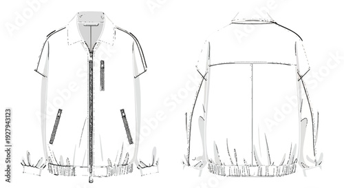 Vector Fashion Flat Sketch of Short Sleeve Bomber Jacket, Front and Back Views isolated PNG with Transparent Background