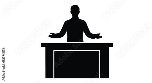 A speaker stands at a podium presenting with open arms silhouette