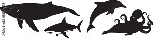 Set of four water creature silhouettes including whale, shark, dolphin and octopus, isolated on white background.