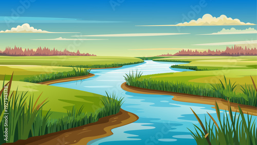 A quiet marshland with shallow water and flat grassy ground extending toward horizon clear sky clean minimal vector illustration flat design uncluttered composition