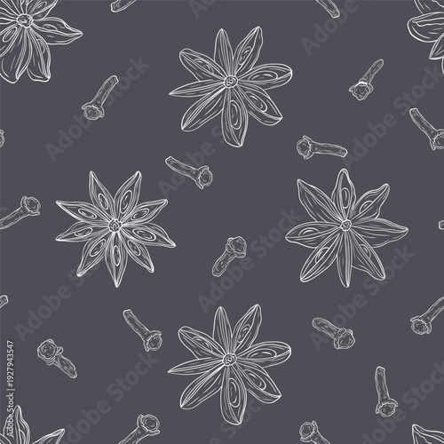Star anise, dry cloves. Monochrome botanical seamless pattern drawing of fragrant herbs and spices. Graphic ink vector
