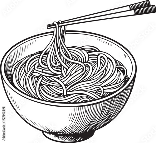 Soba in Bowl Hand-drawn Sketch Drawing Vector Illustration, Line Linear Symbol Black and White Engraving, Isolated