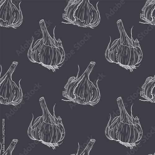 Head of garlic . Monochrome botanical seamless pattern drawing of fragrant herbs and spices. Graphic ink vector. Good for decoration of cooking, menu, decor, stickers, tea, kitchens