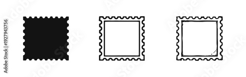 Postage Stamp Icon Set: Black and White Doodle Illustrations of Mail and Correspondence